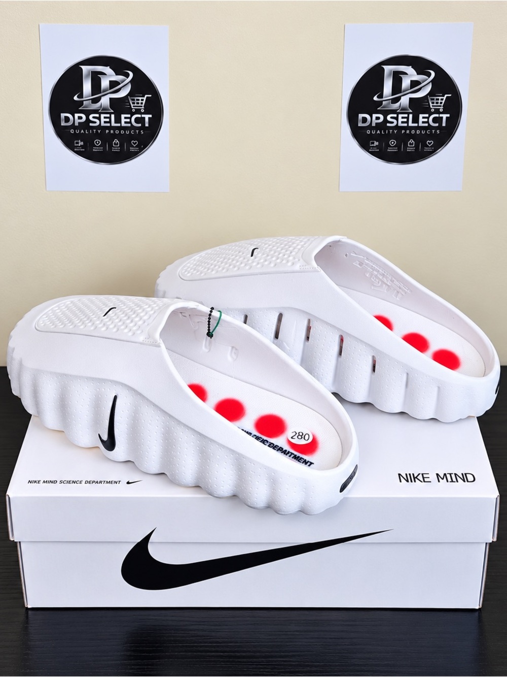 Nike White Men's Slip-On Cushioned Sandals with Red Insole Dots
